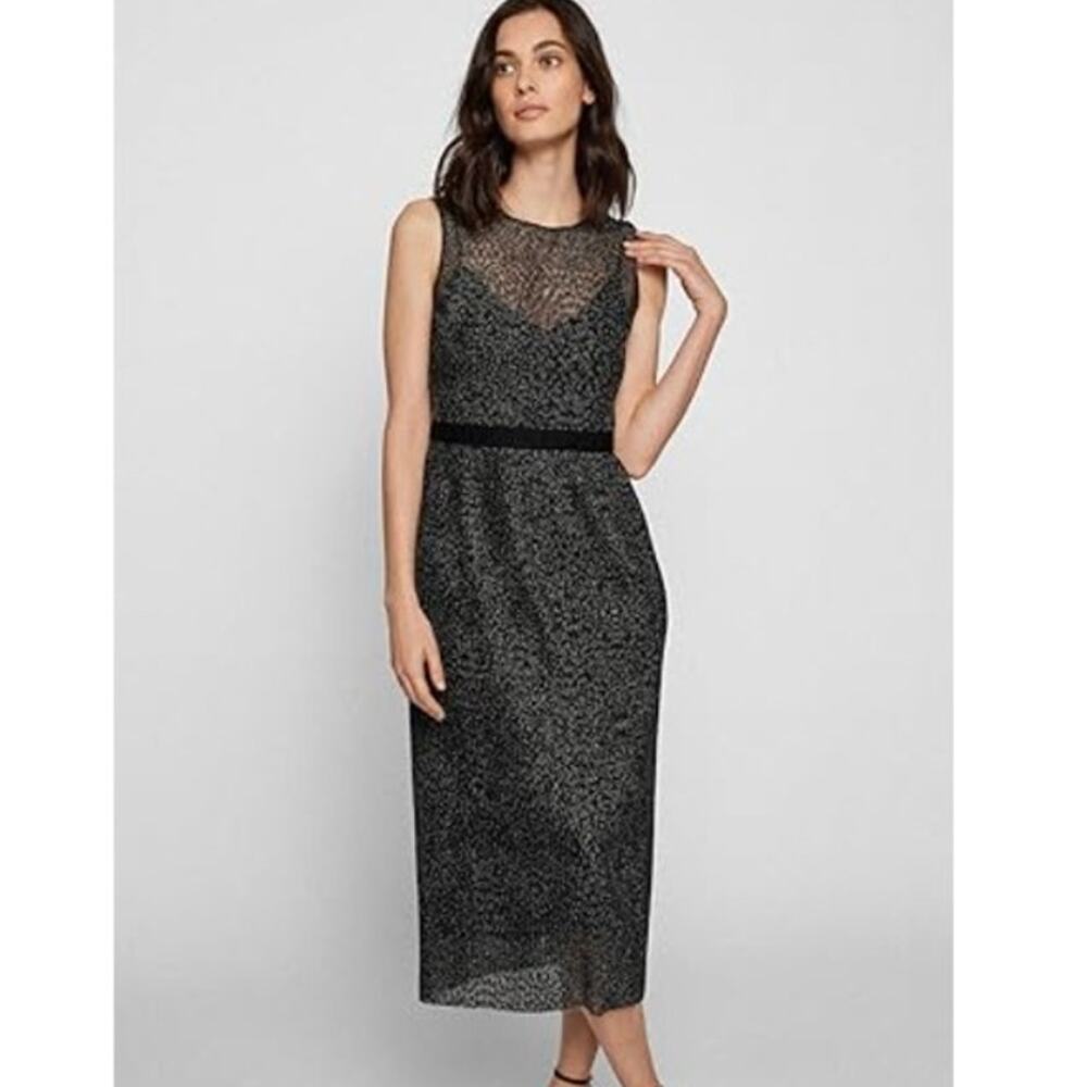 Hugo Boss Delyra Dress Women 6 Black Metallic Sleeveless Romantic Evening Midi